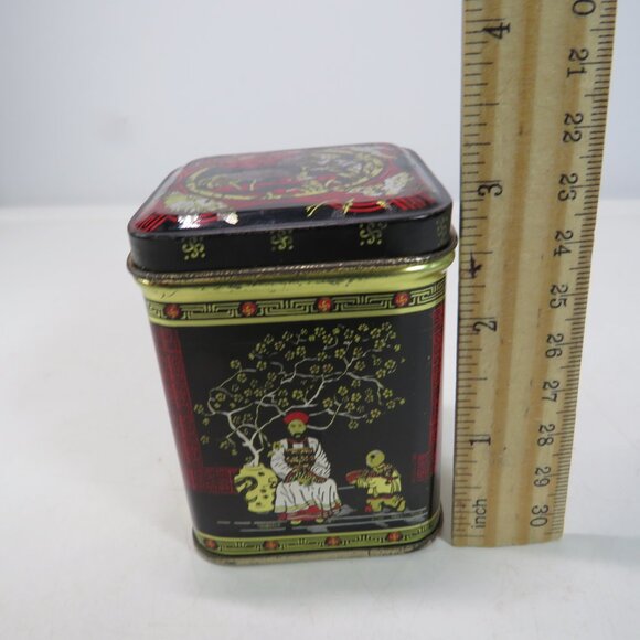 Asian Small 3" metal tin Red Black Gold Oriental design chinoiserie - Picture 2 of 14